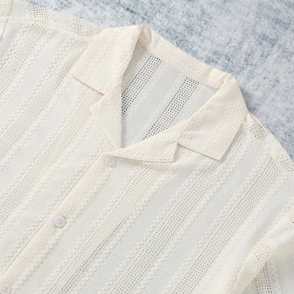 White Crochet Textured Camp Collar Short Sleeve Shirt