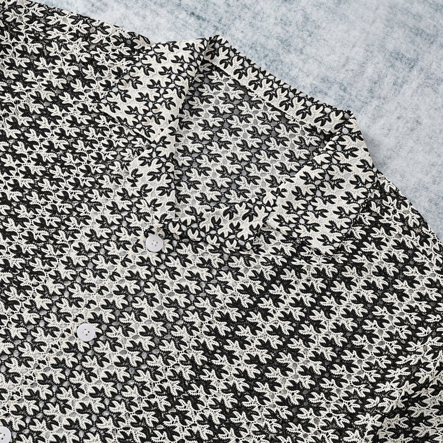 Floral Crochet Textured Camp Collar Short Sleeve Shirt