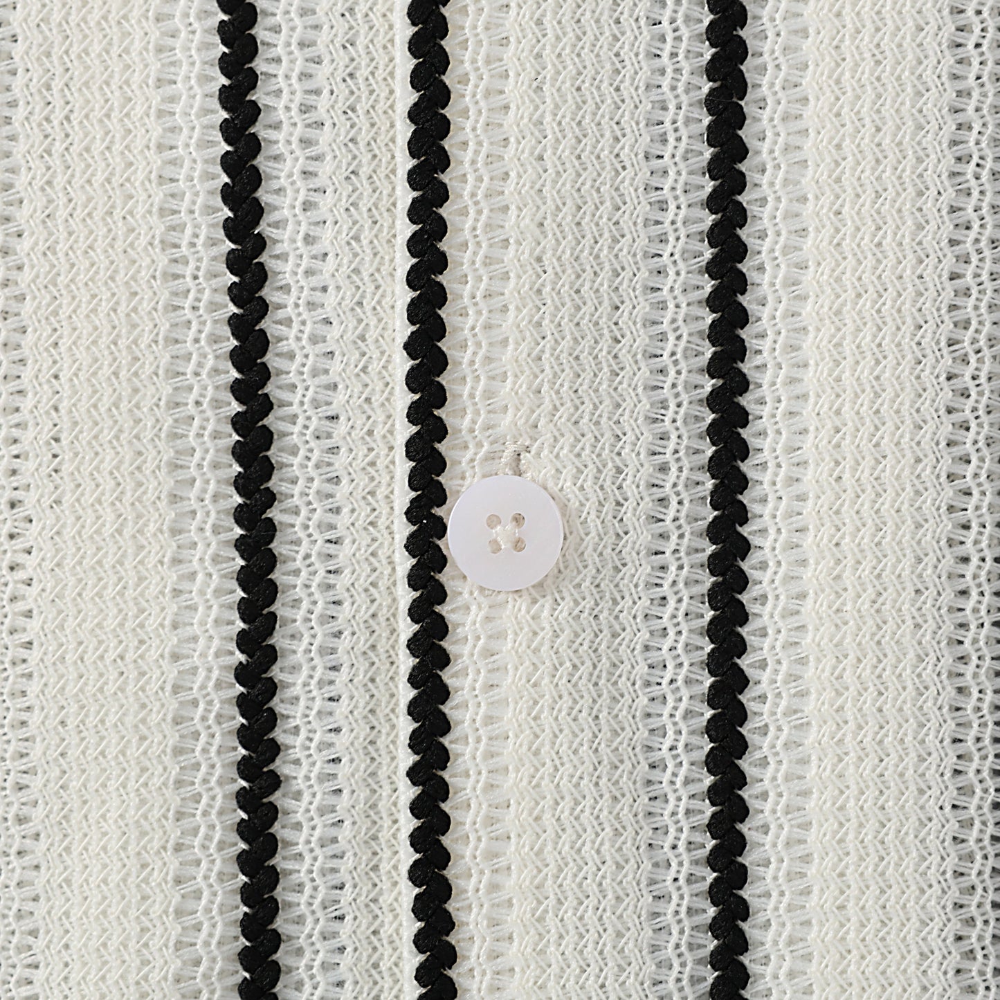 White Stripe Crochet Textured Camp Collar Short Sleeve Shirt