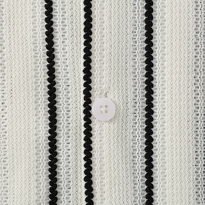 White Stripe Crochet Textured Camp Collar Short Sleeve Shirt