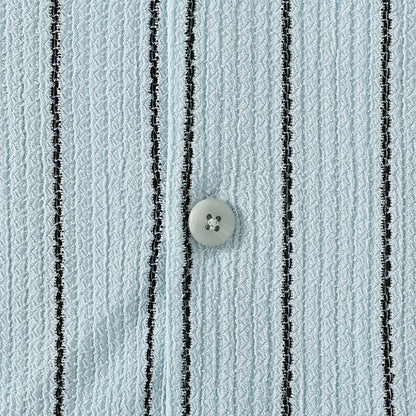 Blue Stripe Crochet Textured Camp Collar Short Sleeve Shirt